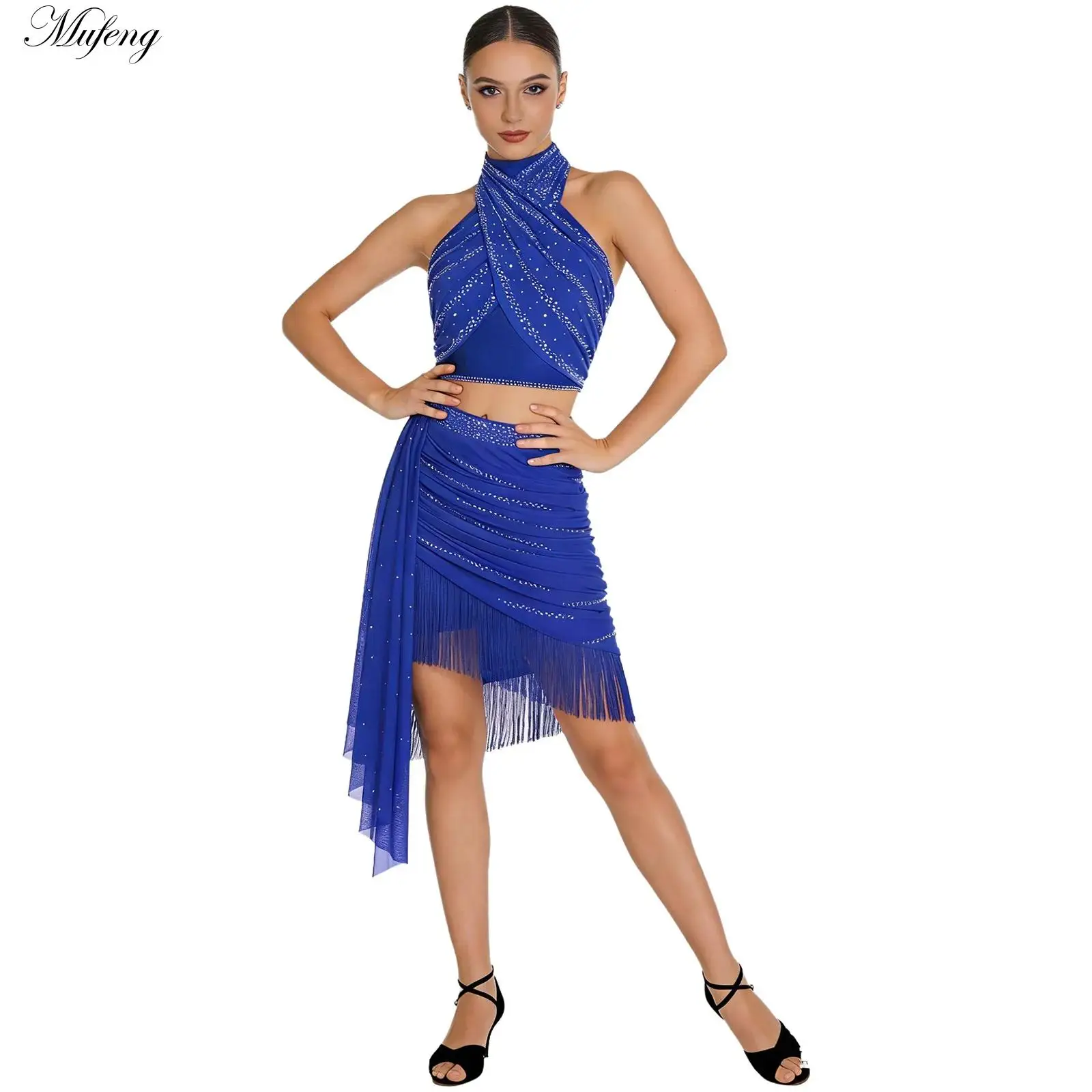 Женский костюм для латиноамериканских танцев: топ-халтер без рукавов с открытой спиной + юбка с бахромой для бальных танцев, джаза, танго, ча-ча-ча, сальсы
Женский костюм для латиноамериканских танцев: топ-халтер без рукавов с открытой спиной + юбка с бахромой для бальных танцев, джаза, танго, ча-ча-ча, сальсы