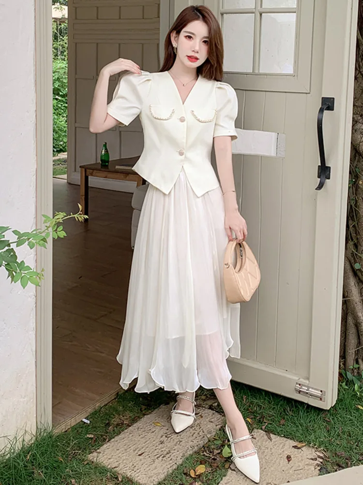 Small Fragrance Summer Slim White Satin 2 Piece Woman Outfit Fashion Short Sleeve Shirt With High Waist Long Skirt Set Female
Small Fragrance Summer Slim White Satin 2 Piece Woman Outfit Fashion Short Sleeve Shirt With High Waist Long Skirt Set Female