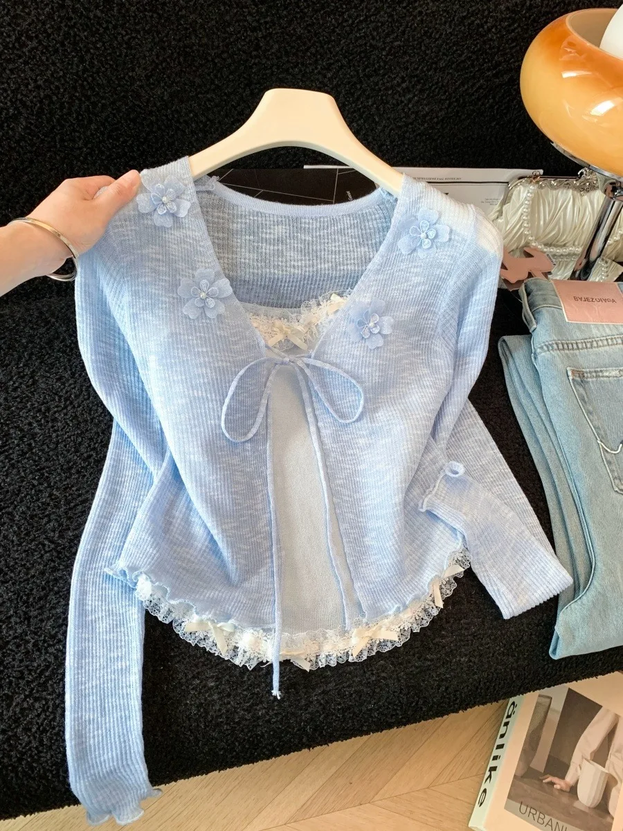 Blue 3D Flower Knitted Cardigan Women's Summer Inner Lace Trim Tank Top Two-Piece Set Breathable Soft Polyester Long Sleeve V...
Blue 3D Flower Knitted Cardigan Women's Summer Inner Lace Trim Tank Top Two-Piece Set Breathable Soft Polyester Long Sleeve V...