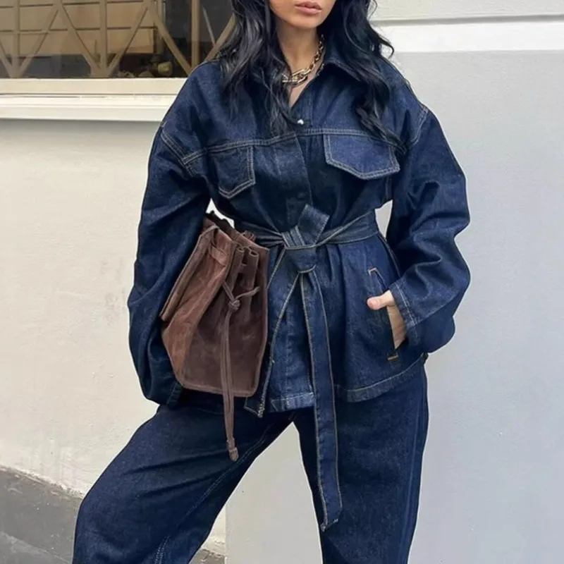 Spring Summer Women's Clothing Fashion Belt Lace Up Blue Single Breasted Coat Vintage Lapel Long Sleeves Suit Women Denim Jacket
Spring Summer Women's Clothing Fashion Belt Lace Up Blue Single Breasted Coat Vintage Lapel Long Sleeves Suit Women Denim Jacket