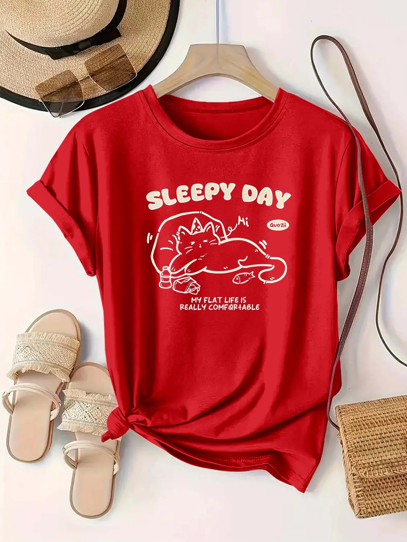 Плюс - размер Футболка с коротким рукавом Женская одежда оверсайз: «СНЕВЕ ДЕНЬ» Ленивый кот Графика 
Плюс - размер Футболка с коротким рукавом Женская одежда оверсайз: «СНЕВЕ ДЕНЬ» Ленивый кот Графика