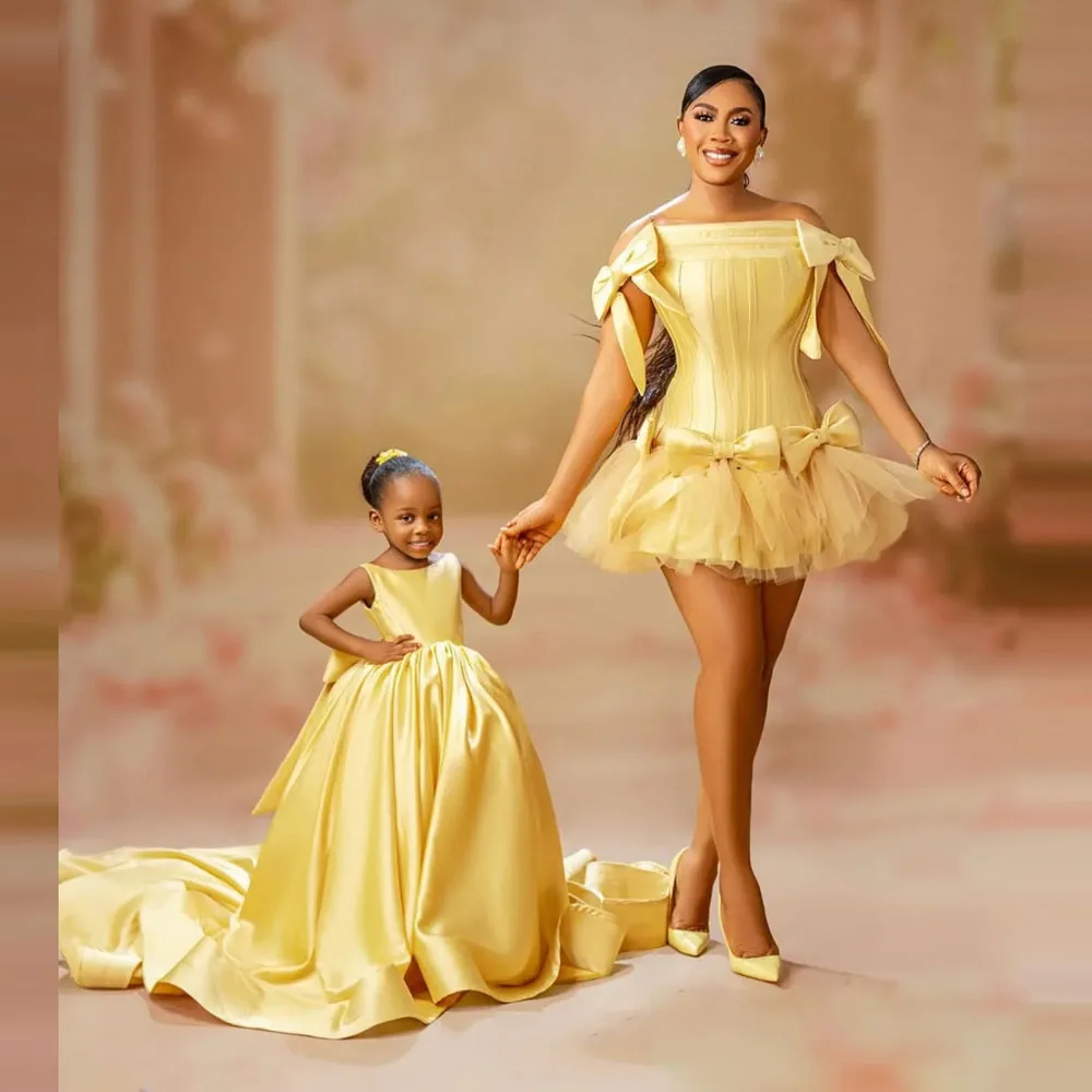 Yellow Mother And Kids Party Dress Off The Shoulder Bows Mom And Me Birthday Dress Family Looks Short Satin Holiday Gowns
Yellow Mother And Kids Party Dress Off The Shoulder Bows Mom And Me Birthday Dress Family Looks Short Satin Holiday Gowns