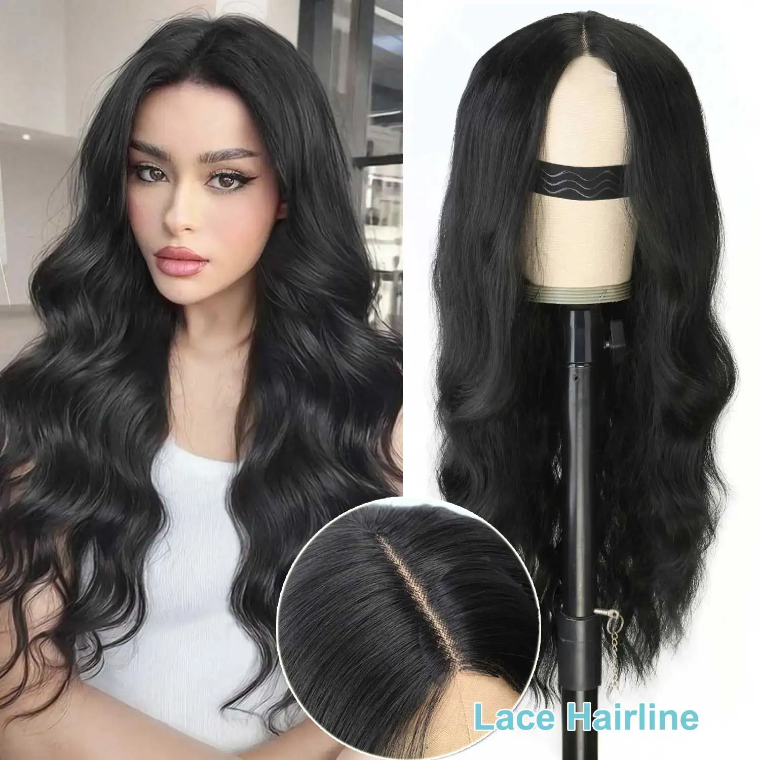 Lace Hairline Wig For Black Women 26" Middle Part Wavy Wig Heat Resistant Synthetic Black Hair Wig With Wig Caps And Wig Stand
Lace Hairline Wig For Black Women 26" Middle Part Wavy Wig Heat Resistant Synthetic Black Hair Wig With Wig Caps And Wig Stand