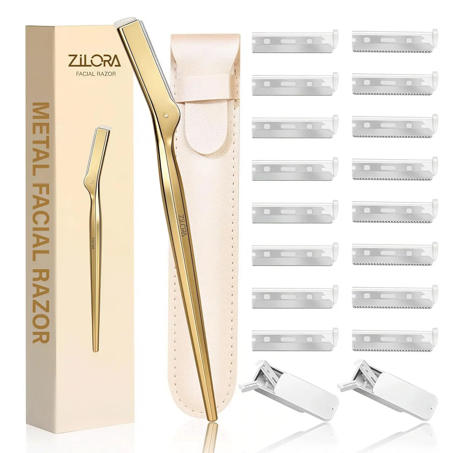 Metal Face Razor for Women, Dermaplaning Tool with 16 Replacement Blades, Facial Hair Remover & Eyebrow Trimmer, Gold
Metal Face Razor for Women, Dermaplaning Tool with 16 Replacement Blades, Facial Hair Remover & Eyebrow Trimmer, Gold