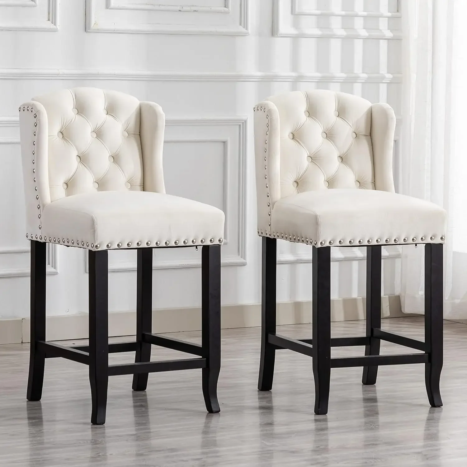 Modern Tufted Bar Stools Set of 2 26" Counter Height Bar Chairs with Back, Velvet Kitchen Island Chair Barstools with Wood Legs
Modern Tufted Bar Stools Set of 2 26" Counter Height Bar Chairs with Back, Velvet Kitchen Island Chair Barstools with Wood Legs