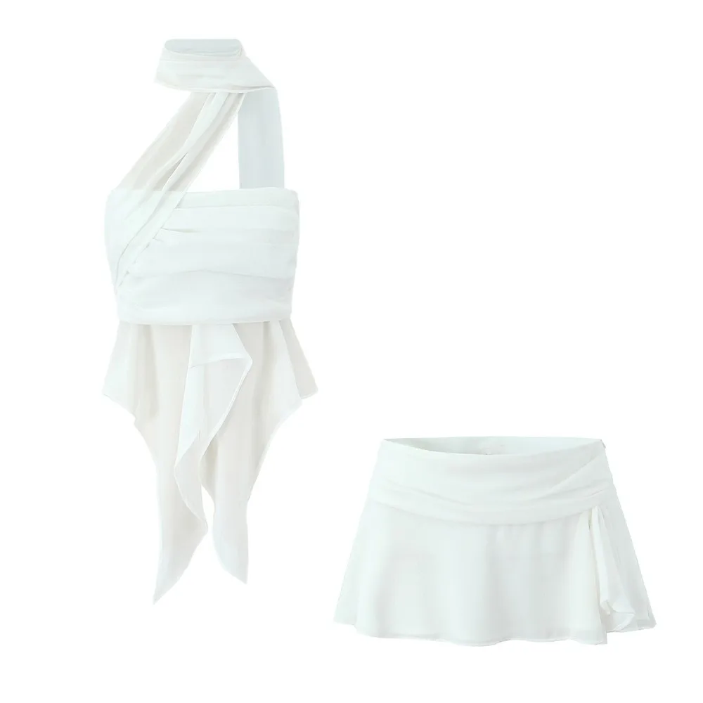 2025 Sexy Solid White Chiffon Halter Tank Top Corset Tee + Ruched Side Zipper Waist Irregular Mini Skirt 2 Pieces 1 Set
2025 Sexy Solid White Chiffon Halter Tank Top Corset Tee + Ruched Side Zipper Waist Irregular Mini Skirt 2 Pieces 1 Set