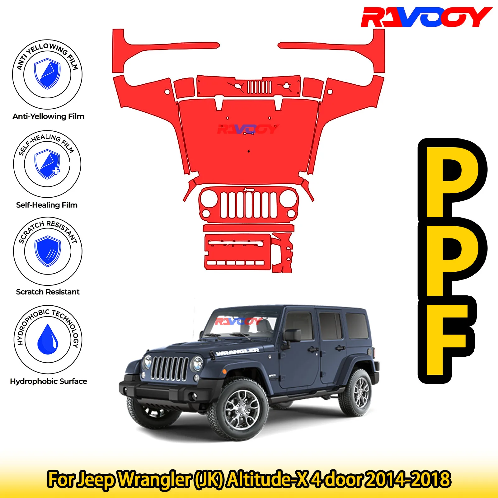 For Jeep Wrangler (JK) Altitude-X 4 door 2014-2018 Glossy Matte Black Precut front PPF Kit Paint Protection Film 
For Jeep Wrangler (JK) Altitude-X 4 door 2014-2018 Glossy Matte Black Precut front PPF Kit Paint Protection Film