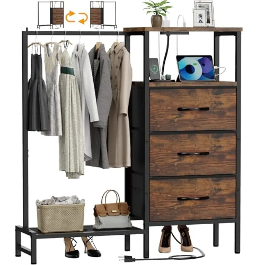 Dresser for Bedroom with Hanging Rack 3 Drawers Closet with Charging Station Fabric Chest of Drawers with Clothes Rack Storage
Dresser for Bedroom with Hanging Rack 3 Drawers Closet with Charging Station Fabric Chest of Drawers with Clothes Rack Storage