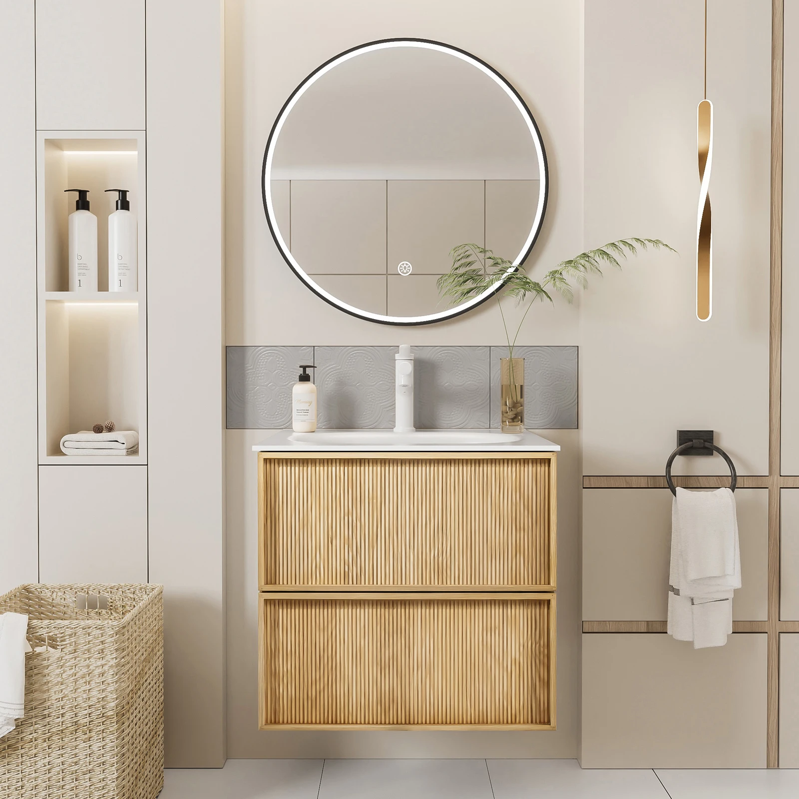 24-дюймовый плавающий туалетный столик для ванной комнаты с раковиной, рифленая передняя часть из натурального дуба, многослойная массив дерева, настенный монтаж, верхняя часть из белого камня
24-дюймовый плавающий туалетный столик для ванной комнаты с раковиной, рифленая передняя часть из натурального дуба, многослойная массив дерева, настенный монтаж, верхняя часть из белого камня