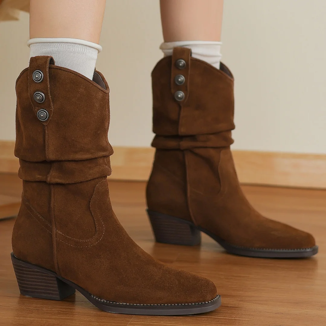 Women's natural suede leather pleated rivet decoration slip-on autumn ankle western boots 4.5cm thick med heel elegant booties
Women's natural suede leather pleated rivet decoration slip-on autumn ankle western boots 4.5cm thick med heel elegant booties