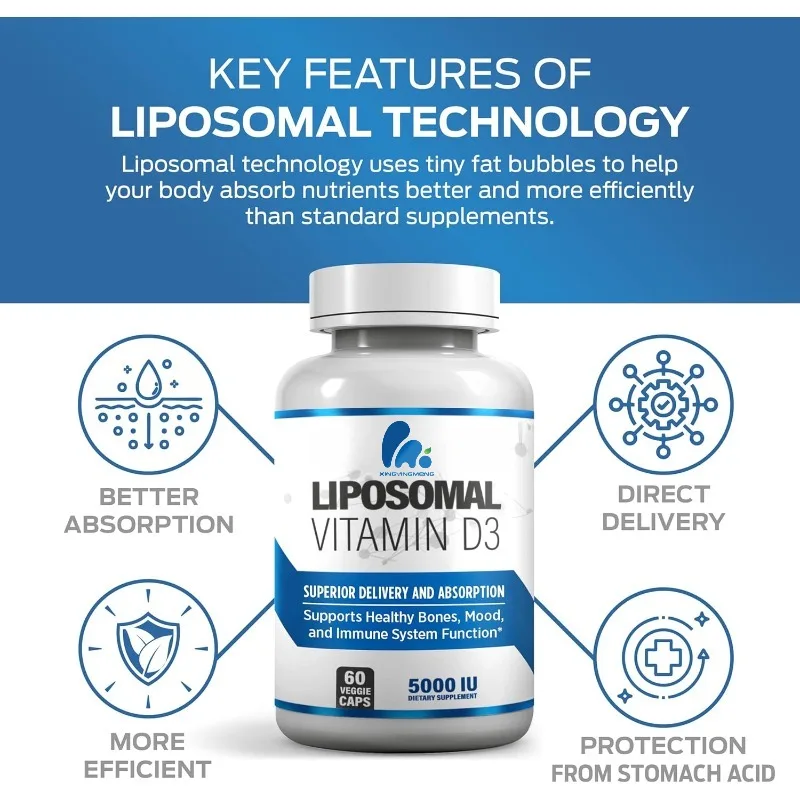 Liposomal Vitamin D3 5000 IU supplement for high absorption, healthy bone and immune system function, 60 vegetarian capsules
Liposomal Vitamin D3 5000 IU supplement for high absorption, healthy bone and immune system function, 60 vegetarian capsules