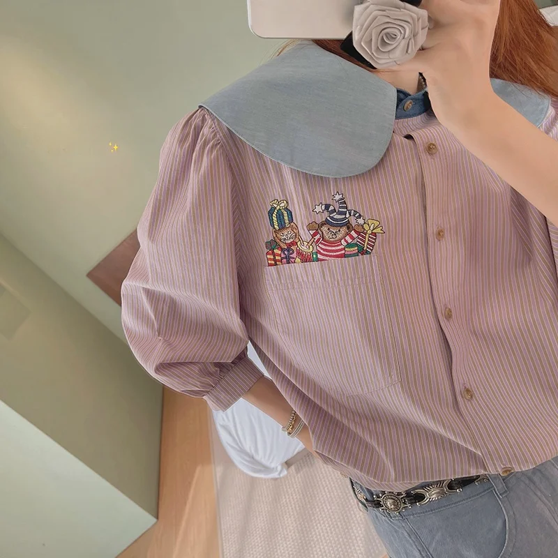 VIMAS Vintage Remake Circus Theme Embroidered Striped Shirt Loose Fit Cotton Bubble Sleeve Breathable Lightweight Women's Shirt
VIMAS Vintage Remake Circus Theme Embroidered Striped Shirt Loose Fit Cotton Bubble Sleeve Breathable Lightweight Women's Shirt