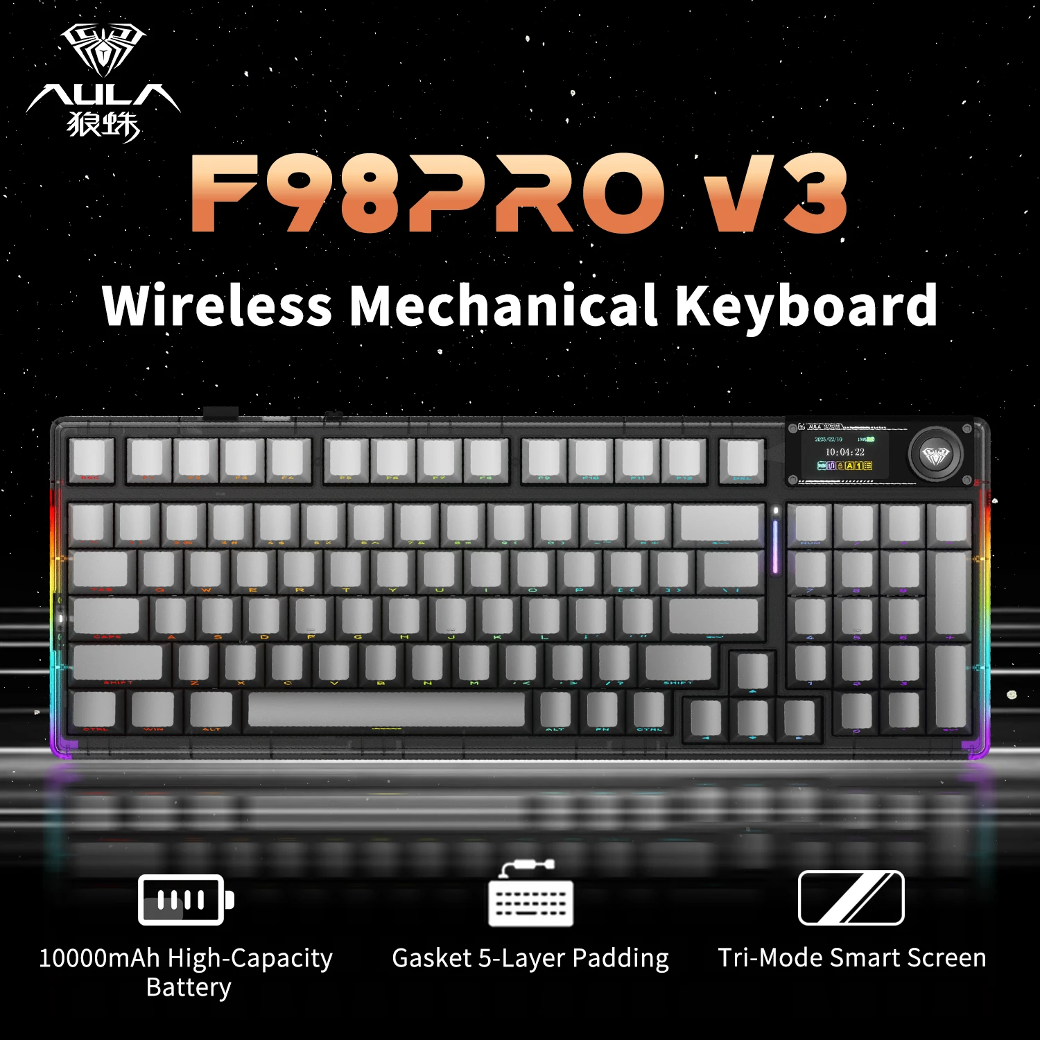 AULA F98 Pro V3 Mechanical Keyboard Custom RGB Backlight Wireless Bluetooth Gaming Keyboard With Screen and Knob