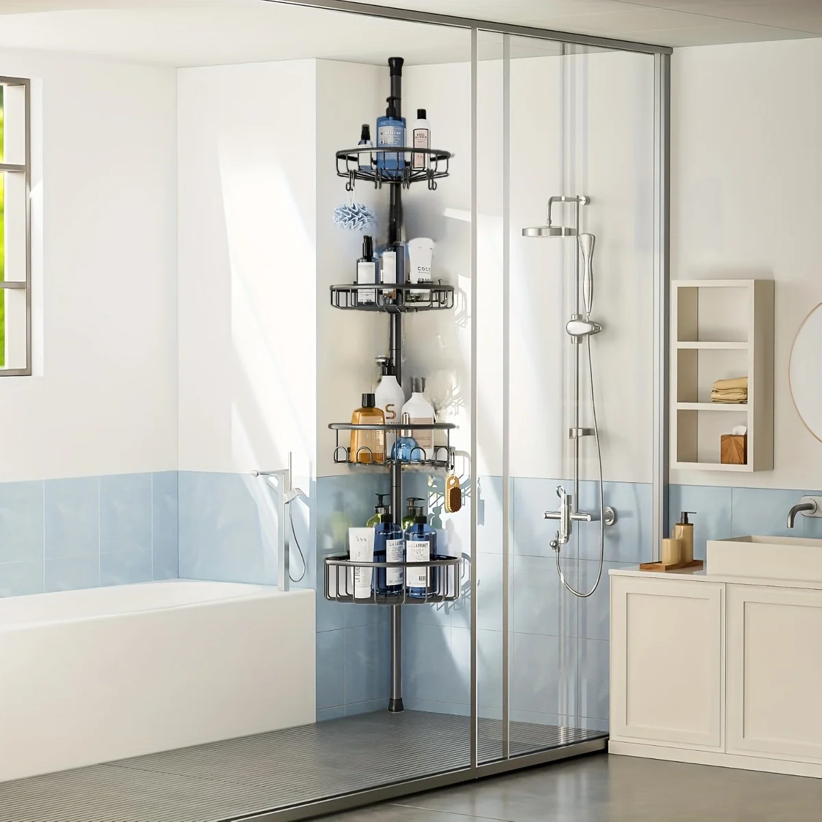No-Drill Corner Shower Storage Rack: A Rust-Resistant Stainless Steel Organizer with Four Layers And a Telescopic Rod. It Is
No-Drill Corner Shower Storage Rack: A Rust-Resistant Stainless Steel Organizer with Four Layers And a Telescopic Rod. It Is