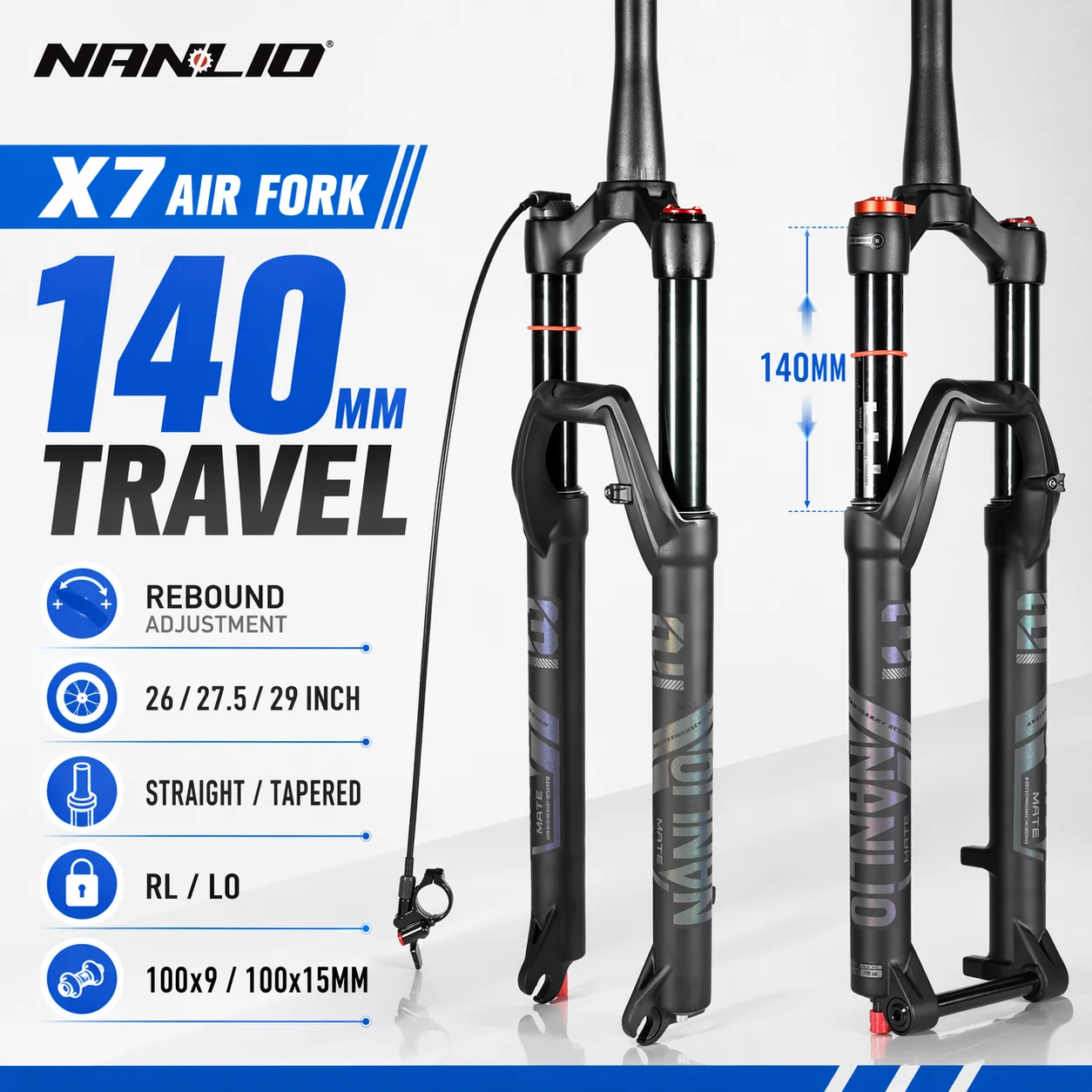 NANLIO X7 PRO MTB Air Suspension Fork 26/27.5/29er 120/140mm Rebound Remote Lockout Straight/Tapered 100x9/100x15mm QR/Thru Axle
NANLIO X7 PRO MTB Air Suspension Fork 26/27.5/29er 120/140mm Rebound Remote Lockout Straight/Tapered 100x9/100x15mm QR/Thru Axle