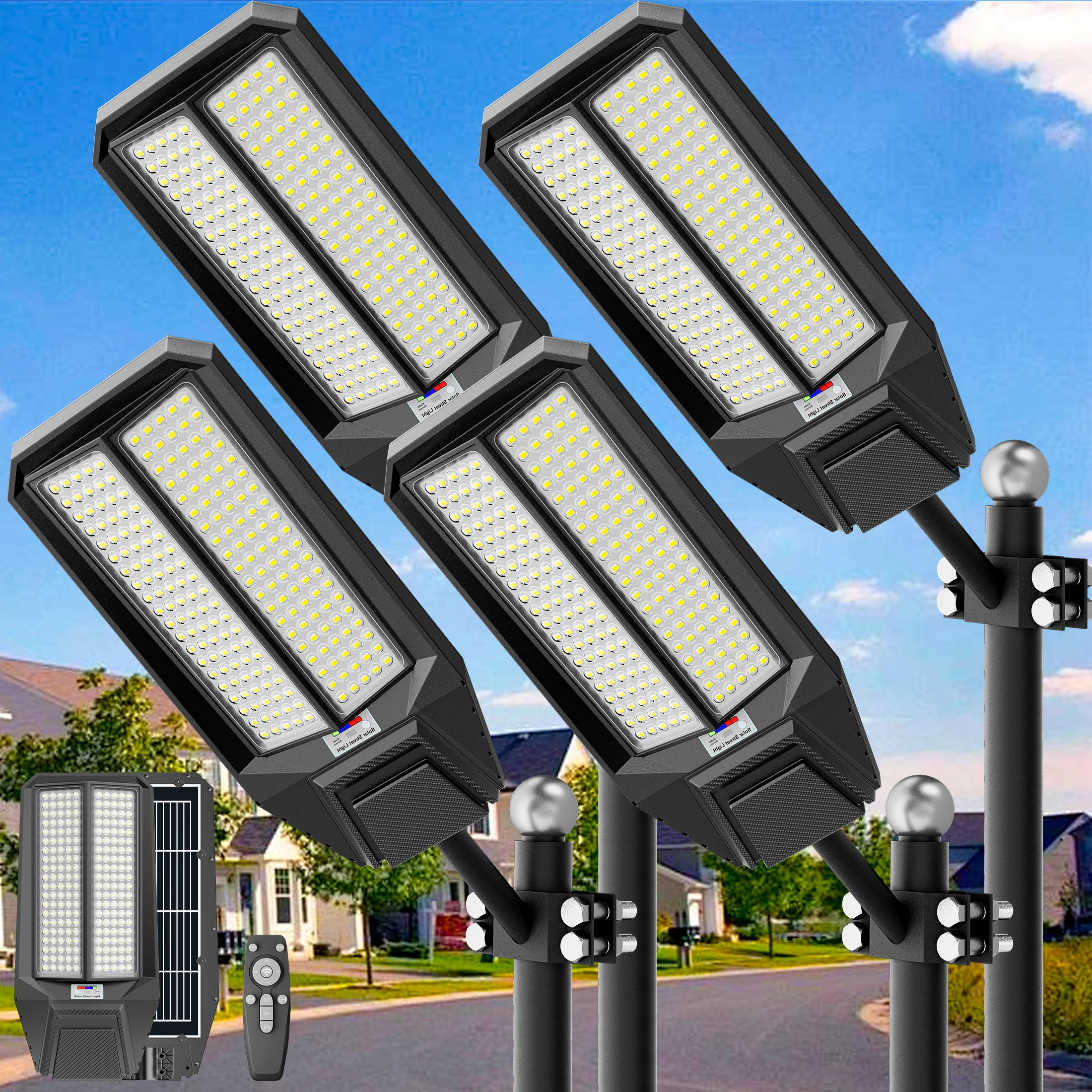 4-Pack 9000W Super Bright Solar Street Light, IP65 Waterproof LED Commercial Flood Light, Motion Sensor & Remote Control, Dusk-to-Dawn Auto Control, Adjustable Design, Easy Installation, Ideal for Yard, Patio, Garage, Driveway, Parking Lot & Outdoor Areas
4-Pack 9000W Super Bright Solar Street Light, IP65 Waterproof LED Commercial Flood Light, Motion Sensor & Remote Control, Dusk-to-Dawn Auto Control, Adjustable Design, Easy Installation, Ideal for Yard, Patio, Garage, Driveway, Parking Lot & Outdoor Areas