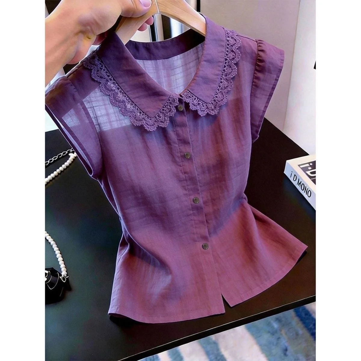 Stylish Purple Doll Collar Short Sleeve Shirt Women's Summer Lace Trim Slimming Anti-Aging Commute Top Design Sensation
Stylish Purple Doll Collar Short Sleeve Shirt Women's Summer Lace Trim Slimming Anti-Aging Commute Top Design Sensation