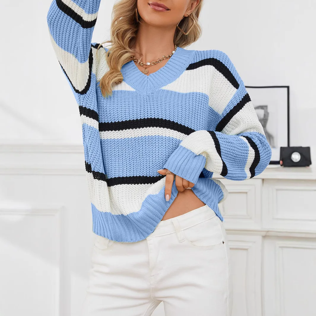 Knitted Pullovers Sweaters Women Striped Jumpers V Neck Long Sleeves Slight Stretch Thick Loose Fit Casual 2025 Autumn Winter
Knitted Pullovers Sweaters Women Striped Jumpers V Neck Long Sleeves Slight Stretch Thick Loose Fit Casual 2025 Autumn Winter