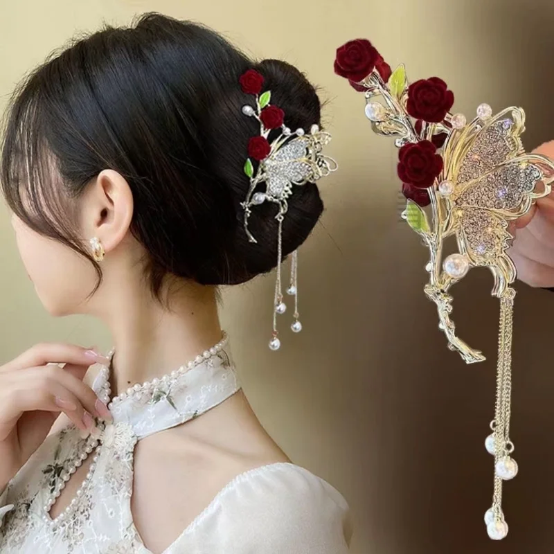 Women Red Rose Flower Butterfly Tassel Alloy Hair Claw Back of The Head Hair Styling Tools Female Lady Hair Clip New Headwear
Women Red Rose Flower Butterfly Tassel Alloy Hair Claw Back of The Head Hair Styling Tools Female Lady Hair Clip New Headwear