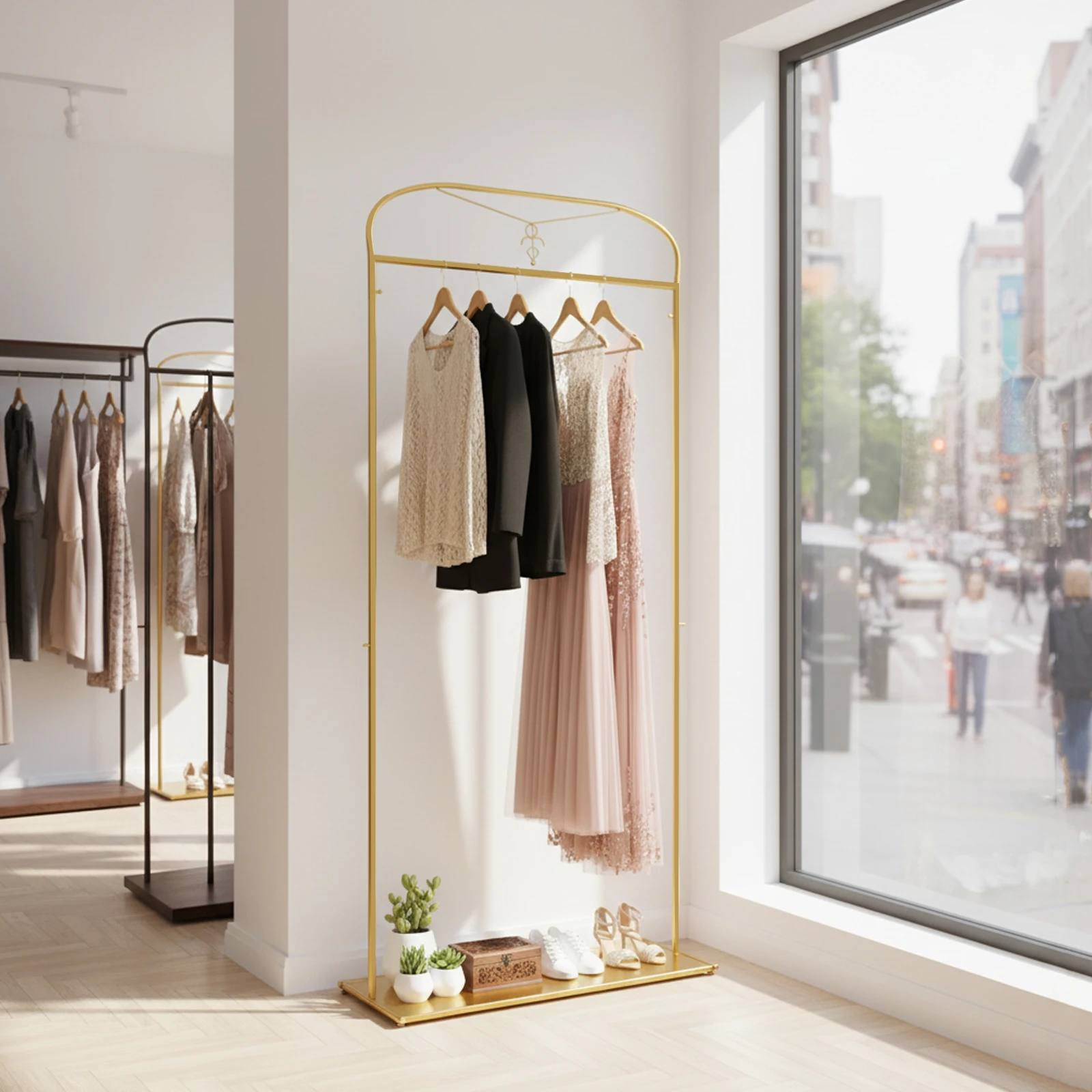 Simple Houseware Standard Rod Garment Clothing Display Rack Gold Arched Shelf Adjustable Feet for Homes, Hotels, Clothing Stores
Simple Houseware Standard Rod Garment Clothing Display Rack Gold Arched Shelf Adjustable Feet for Homes, Hotels, Clothing Stores