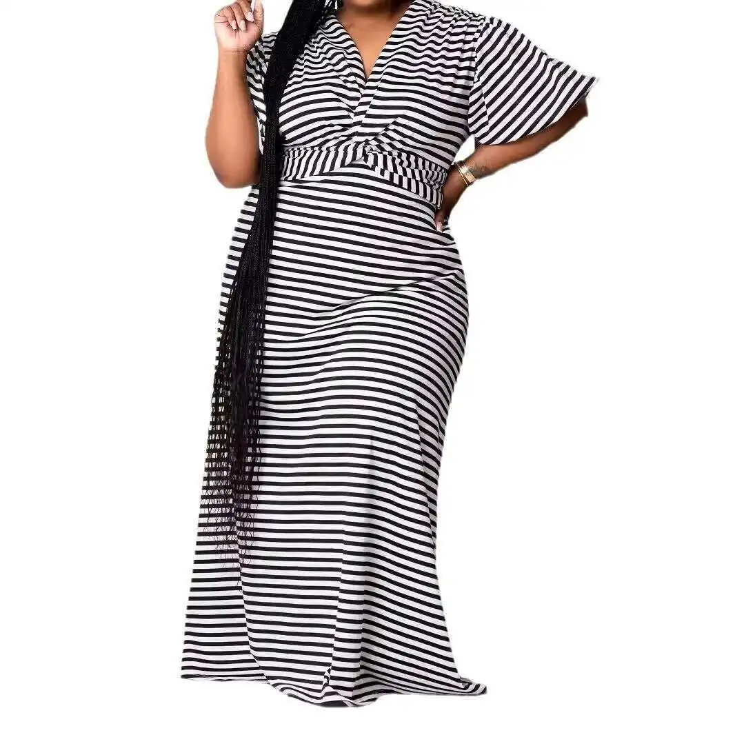 Striped Pw909 Long Skirt Summer New Casual Cross Loose Plus Comfortable Short Sleeved Dress Party Summer Elegantes Casual Y2k 
Striped Pw909 Long Skirt Summer New Casual Cross Loose Plus Comfortable Short Sleeved Dress Party Summer Elegantes Casual Y2k