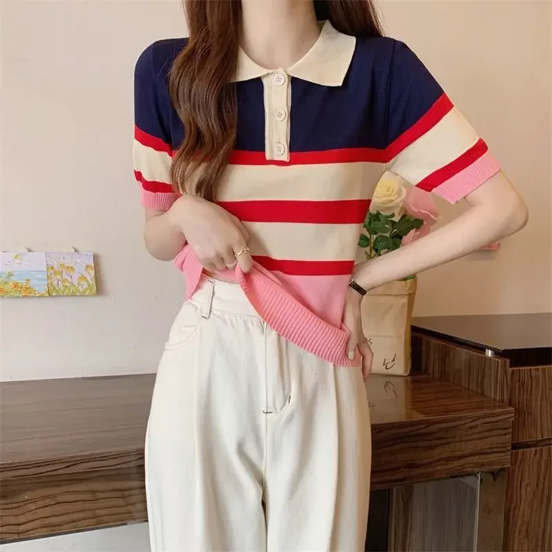 Office Lady Contrast Striped Short Sleeve Thin Tops Women Summer New Vintage Sweet Slim Knitted T-shirt
Office Lady Contrast Striped Short Sleeve Thin Tops Women Summer New Vintage Sweet Slim Knitted T-shirt