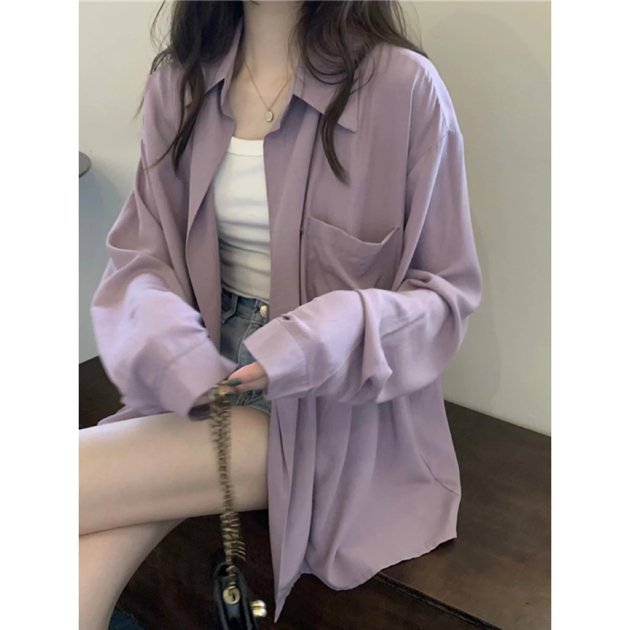 Loose Fit Long Sleeve Women's Shirt Purple Korean Style Thin Sun Protection Spring Summer Fashion Sensation Side Button Design
Loose Fit Long Sleeve Women's Shirt Purple Korean Style Thin Sun Protection Spring Summer Fashion Sensation Side Button Design