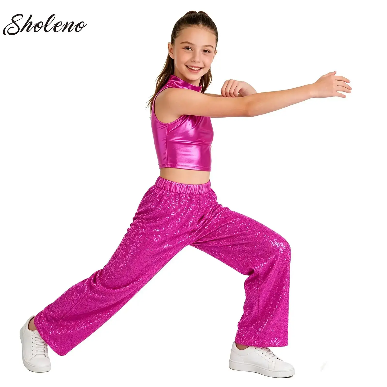 Teens Girls Jazz Latin Dance Outfit Kids Stage Show Performance Prom Party Costume Sleeveless Sequin Crop Top with Pants Costume
Teens Girls Jazz Latin Dance Outfit Kids Stage Show Performance Prom Party Costume Sleeveless Sequin Crop Top with Pants Costume