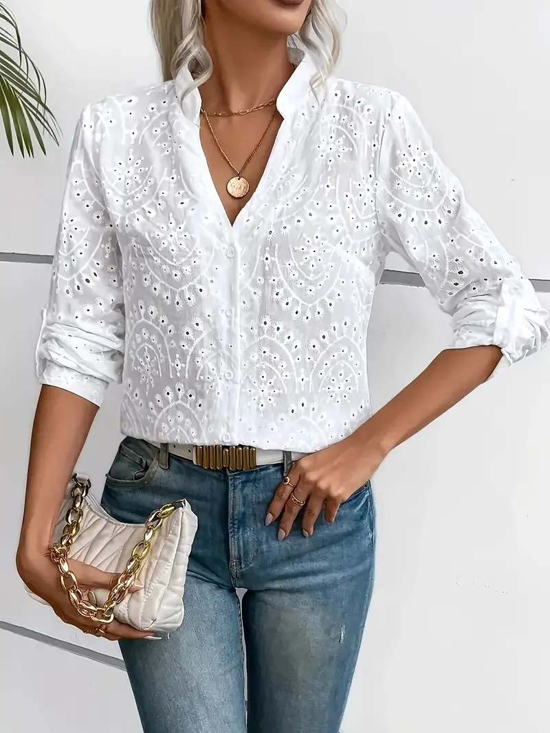 White Embroidered Hollow out Shirt for Women V-Neck Loose Slimming Artistic Long Sleeve Top
White Embroidered Hollow out Shirt for Women V-Neck Loose Slimming Artistic Long Sleeve Top
