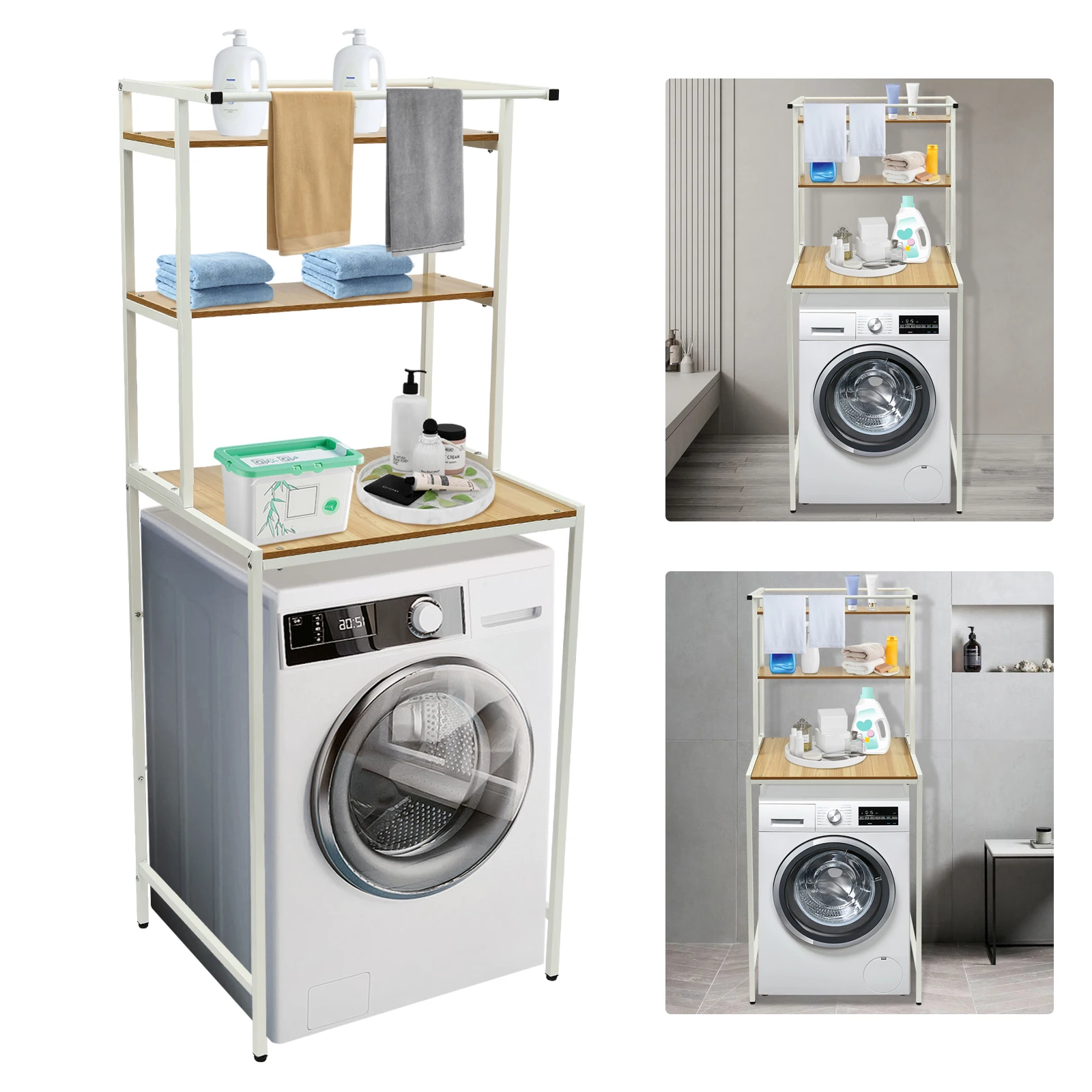 3 Tier Adjustable Washer and Dryer Storage Shelf Bathroom Space Saving Organizer Rack with Clothes Hanging Rod Rail White Log
3 Tier Adjustable Washer and Dryer Storage Shelf Bathroom Space Saving Organizer Rack with Clothes Hanging Rod Rail White Log