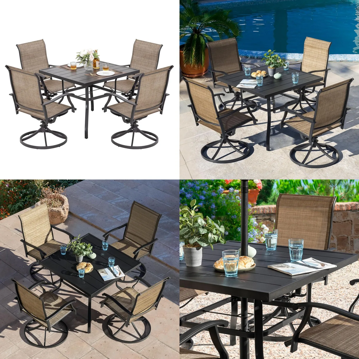 4 Swivel Textilene Chairs 37in Square Table Dining Set Powder Coated Iron Umbrella Hole Patio Garden Customized
4 Swivel Textilene Chairs 37in Square Table Dining Set Powder Coated Iron Umbrella Hole Patio Garden Customized