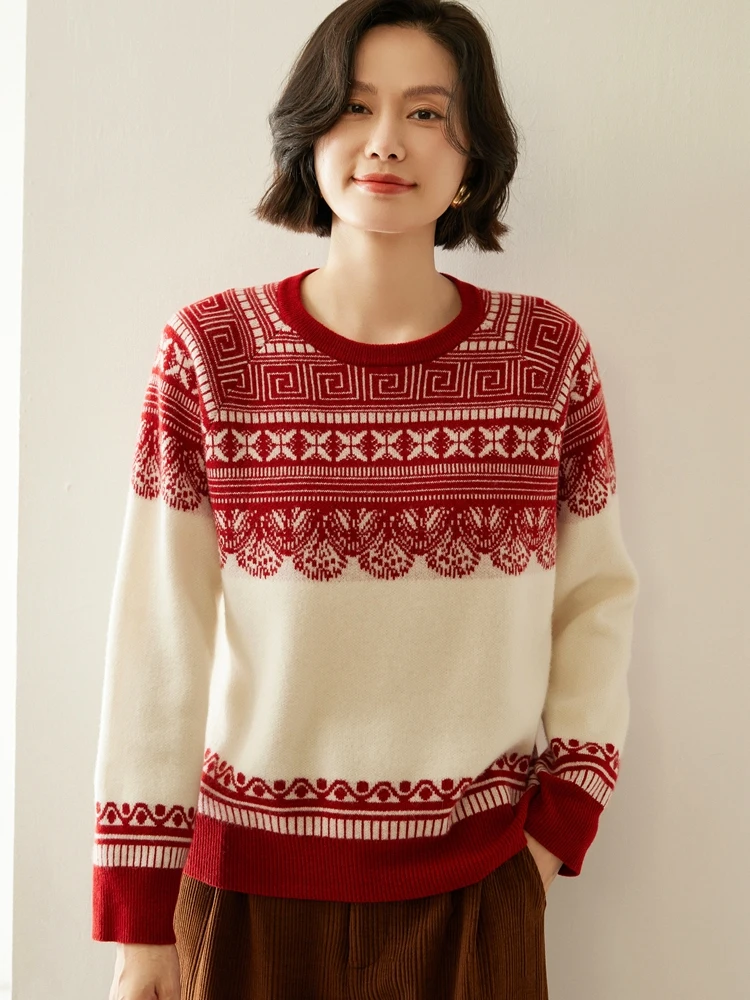 Retro Jacquard O-neck 100% Goat Cashmere Women Knit Pullover Sweater Autumn Winter Loose Color Blocked Shoulder Thick Sweater
Retro Jacquard O-neck 100% Goat Cashmere Women Knit Pullover Sweater Autumn Winter Loose Color Blocked Shoulder Thick Sweater