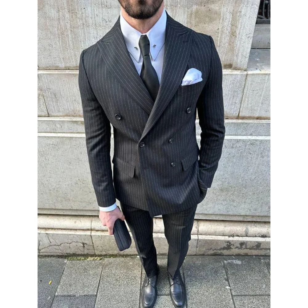 Chic Suits for Men Blazer Double Breasted Pinstripe Peak Lapel Elegant Black Male Clothing Luxury 2 Piece Jacket Pants Full Set
Chic Suits for Men Blazer Double Breasted Pinstripe Peak Lapel Elegant Black Male Clothing Luxury 2 Piece Jacket Pants Full Set