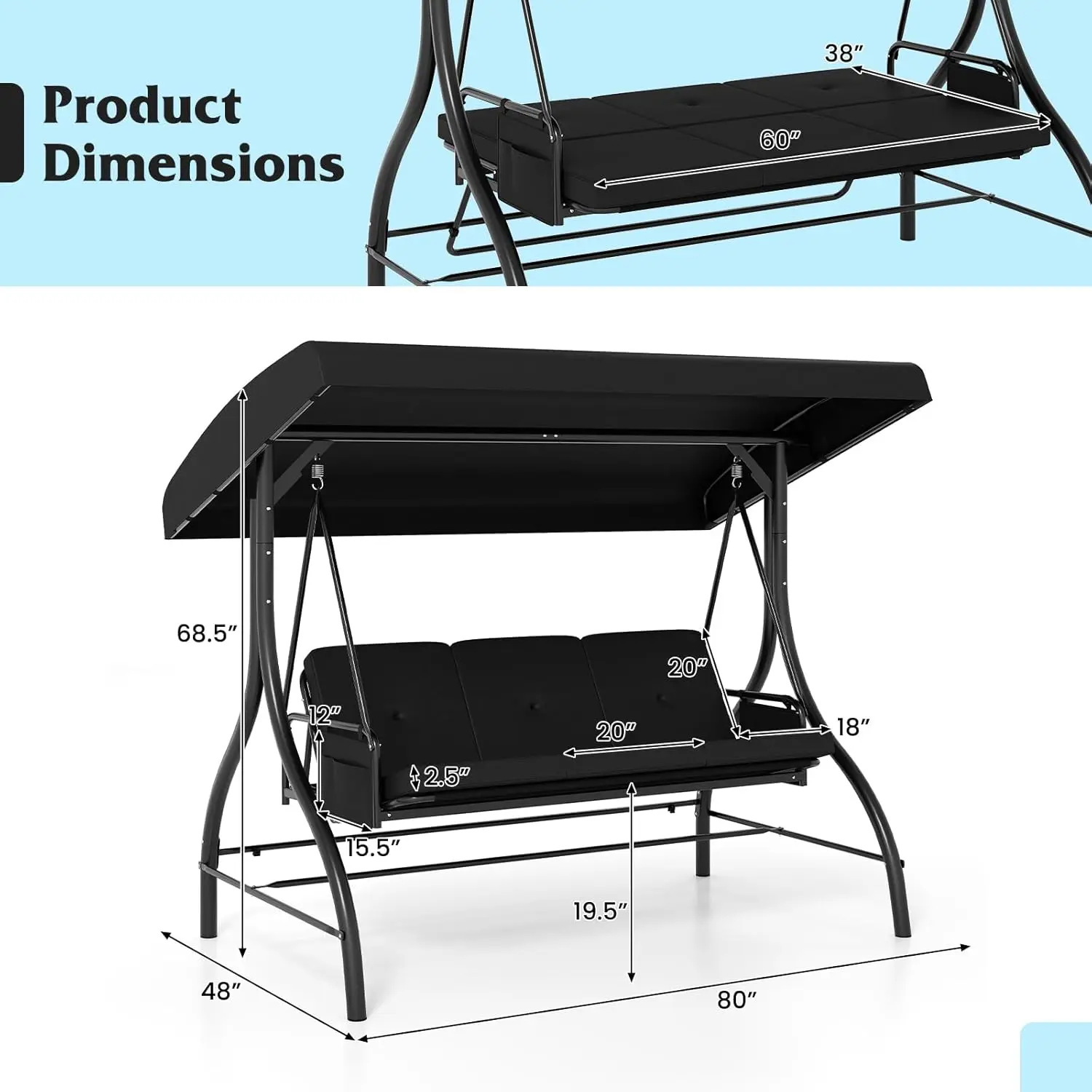 2-in-1 Outdoor Porch Swing with Adjustable Canopy, Removable Cushions, Metal Frame, Side Pockets, Black
2-in-1 Outdoor Porch Swing with Adjustable Canopy, Removable Cushions, Metal Frame, Side Pockets, Black