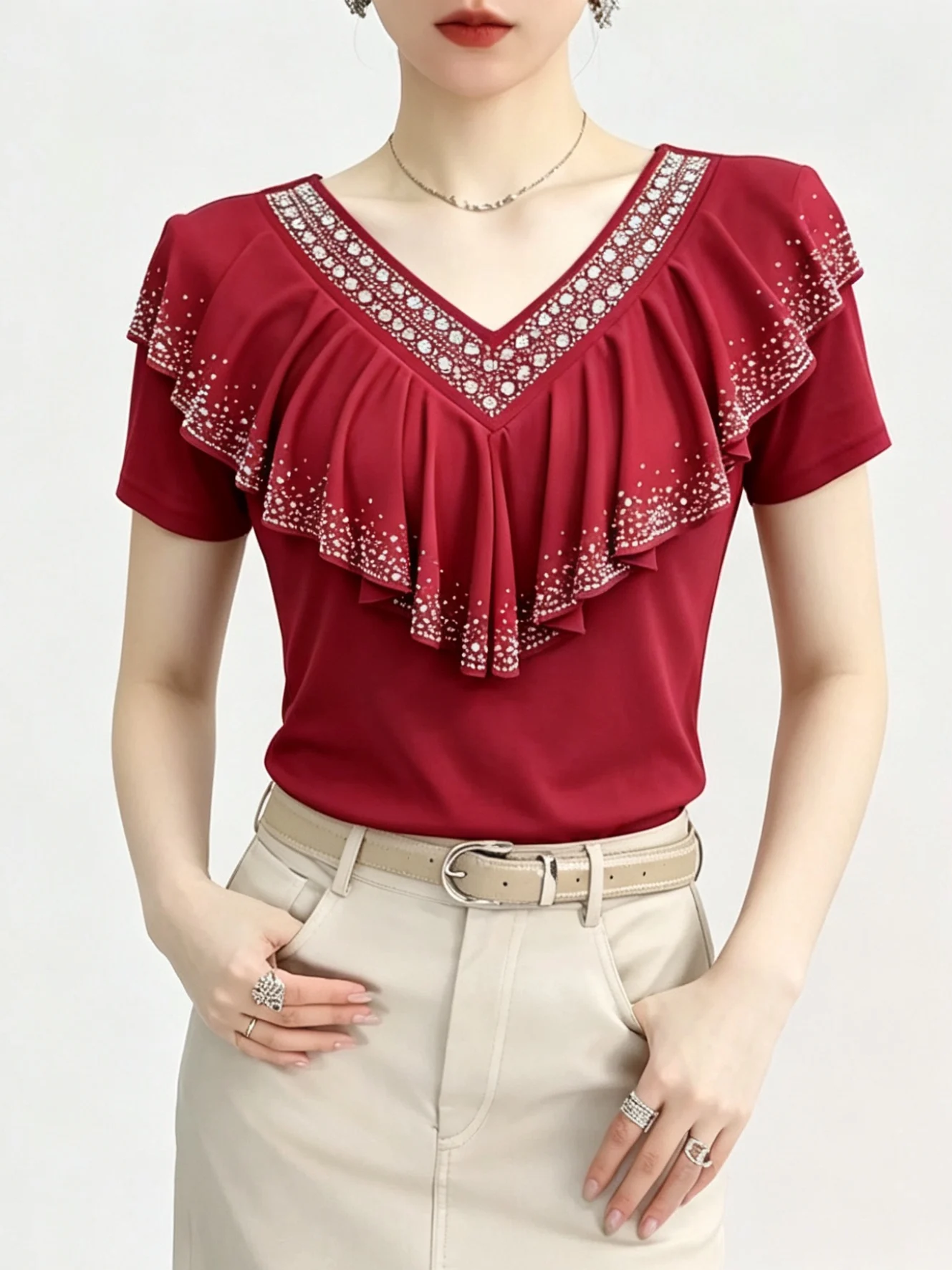 Elegant Summer Women's Short Sleeve V-Neck Chiffon Top Slimming Design Sensation Bellflower Fashionable Casual Wear
Elegant Summer Women's Short Sleeve V-Neck Chiffon Top Slimming Design Sensation Bellflower Fashionable Casual Wear