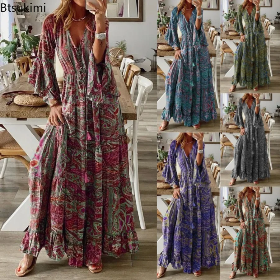 2024 Women's Elegant Print Bohemian Dress Spring Summer Flare Sleeve Beach Long Dresses Female High Waist Maxi Holiday Dresses
2024 Women's Elegant Print Bohemian Dress Spring Summer Flare Sleeve Beach Long Dresses Female High Waist Maxi Holiday Dresses