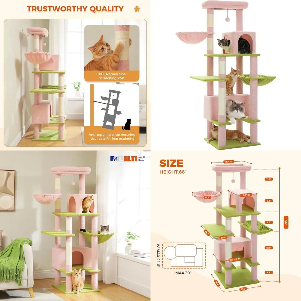 66 Tall Pink Cat Tree with Scratching Post, Metal Hammock & 2 Condos for Large Indoor Cats
66 Tall Pink Cat Tree with Scratching Post, Metal Hammock & 2 Condos for Large Indoor Cats