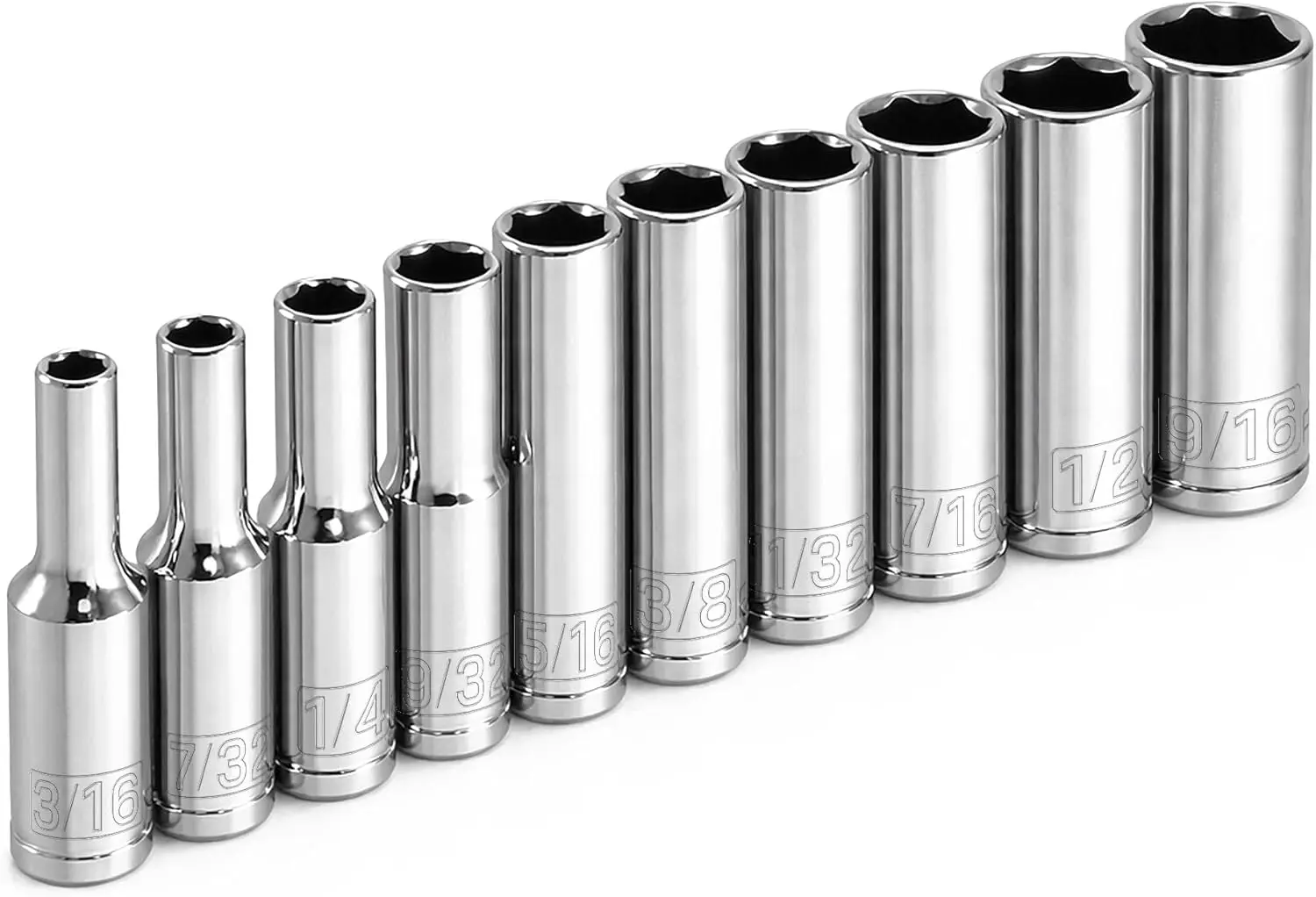 10 Piece 1/4 Inch Drive SAE Deep Socket Set, 6 Point, Chrome Vanadium Steel, Meets ANSI
10 Piece 1/4 Inch Drive SAE Deep Socket Set, 6 Point, Chrome Vanadium Steel, Meets ANSI