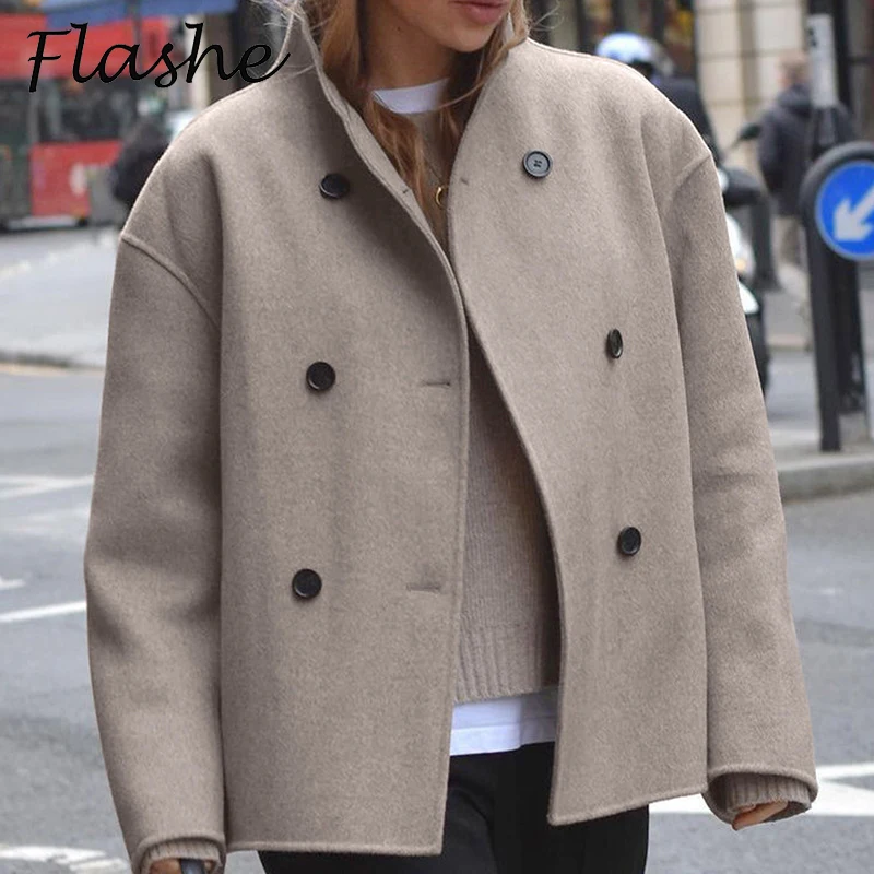 Элегантные однотонные шерстяные пальто, двубортные свободные повседневные куртки с длинными рукавами, женская модная верхняя одежда, женские осенне-зимние пальто 
Элегантные однотонные шерстяные пальто, двубортные свободные повседневные куртки с длинными рукавами, женская модная верхняя одежда, женские осенне-зимние пальто