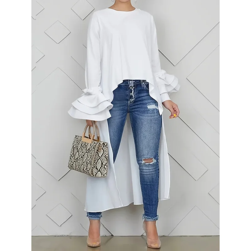 Spring/Summer Women's Loose Fit Long Top with Multi-Layered Flared Sleeves, Round Neck, Front Short and Back Long Hem
Spring/Summer Women's Loose Fit Long Top with Multi-Layered Flared Sleeves, Round Neck, Front Short and Back Long Hem
