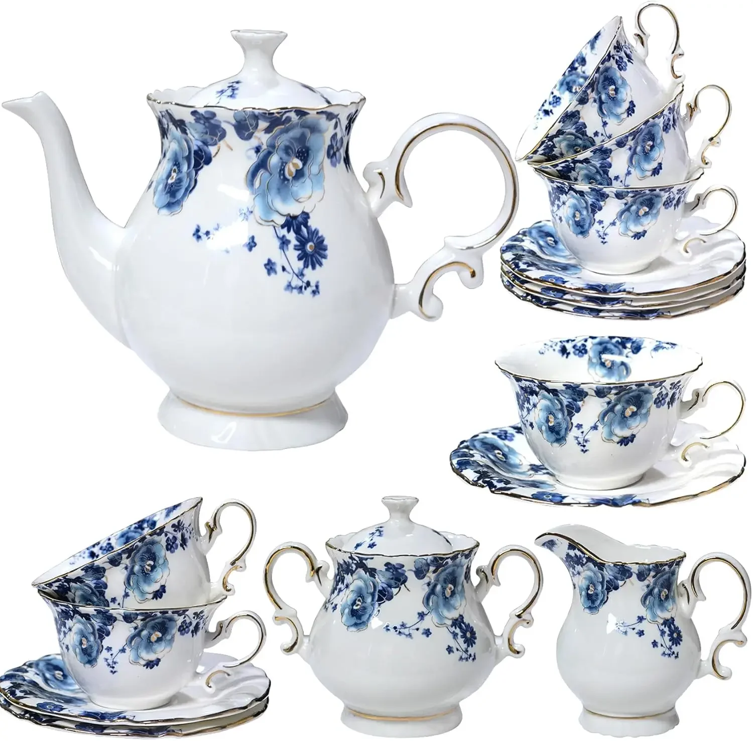 21-Piece Bone China Tea Set for Adults, Blue and White Porcelain Set for 6, Vintage Floral Cup Set With Teapot, Part
21-Piece Bone China Tea Set for Adults, Blue and White Porcelain Set for 6, Vintage Floral Cup Set With Teapot, Part