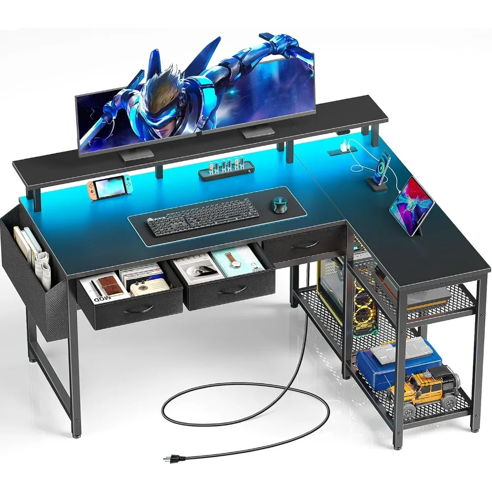 L Shaped Desk with Storage Drawers, 47 inch Gaming Desk with Shelves, Small Computer Desk with Power Outlets & LED Lights
L Shaped Desk with Storage Drawers, 47 inch Gaming Desk with Shelves, Small Computer Desk with Power Outlets & LED Lights
