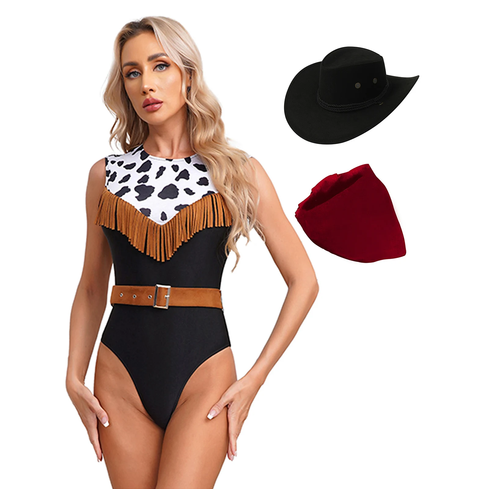 Halloween Western Cowgirl Cosplay Bodysuit Women Vintage Brown Jumpsuit with Belt And Bandanna Drawstring Cowboy Hat Party Wear
Halloween Western Cowgirl Cosplay Bodysuit Women Vintage Brown Jumpsuit with Belt And Bandanna Drawstring Cowboy Hat Party Wear