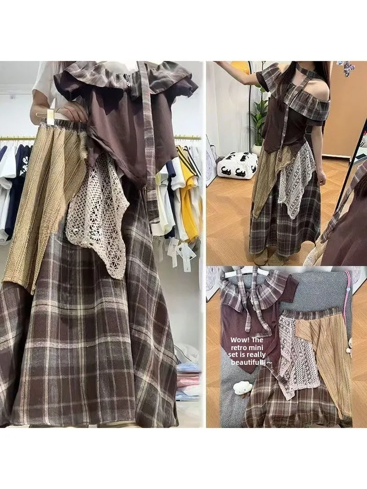 Retro Shoulder One-Shoulder Plaid Short-Sleeved Women's Spring Summer New Irregular Halter Skirt Two-Piece Set School Uniform...
Retro Shoulder One-Shoulder Plaid Short-Sleeved Women's Spring Summer New Irregular Halter Skirt Two-Piece Set School Uniform...