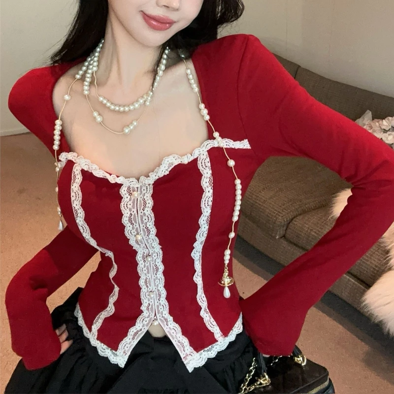 Red Lace Patchwork with Fleece Base, Slim Fit and Slimming, with Chest Cushion for Women's Top
Red Lace Patchwork with Fleece Base, Slim Fit and Slimming, with Chest Cushion for Women's Top