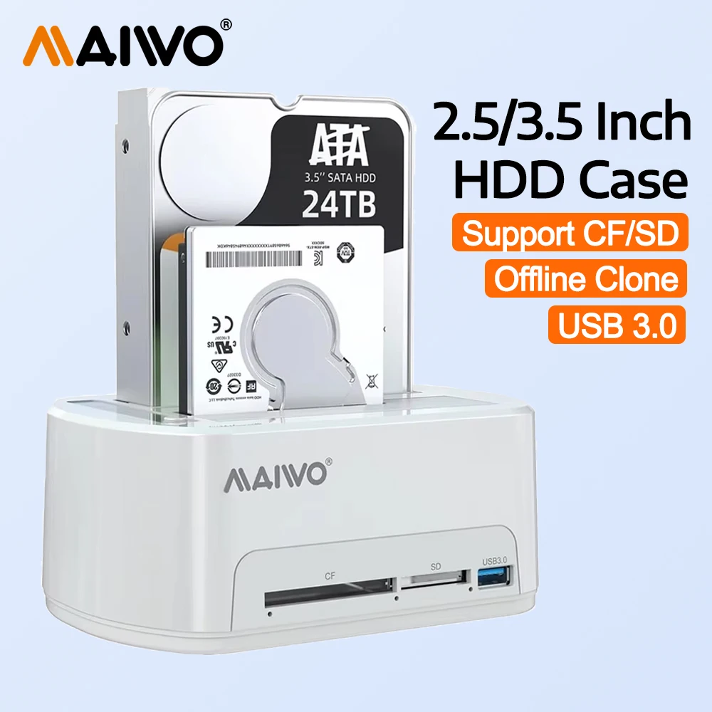 MAIWO HDD Enclosure Dual Bay 2.5 3.5 Inch SATA HDD/SSD Case Box with USB 3.0 CF/SD Card Read&Write Adapter Support Offline Clone