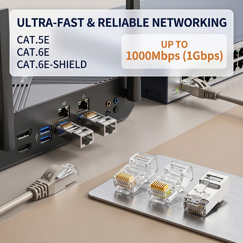 100Pcs Gold Plated RJ45 Connectors for Cat5e/Cat6 8P8C Modular Plugs Compatible with 100M/1000Mbps Gigabit Ethernet Network
100Pcs Gold Plated RJ45 Connectors for Cat5e/Cat6 8P8C Modular Plugs Compatible with 100M/1000Mbps Gigabit Ethernet Network