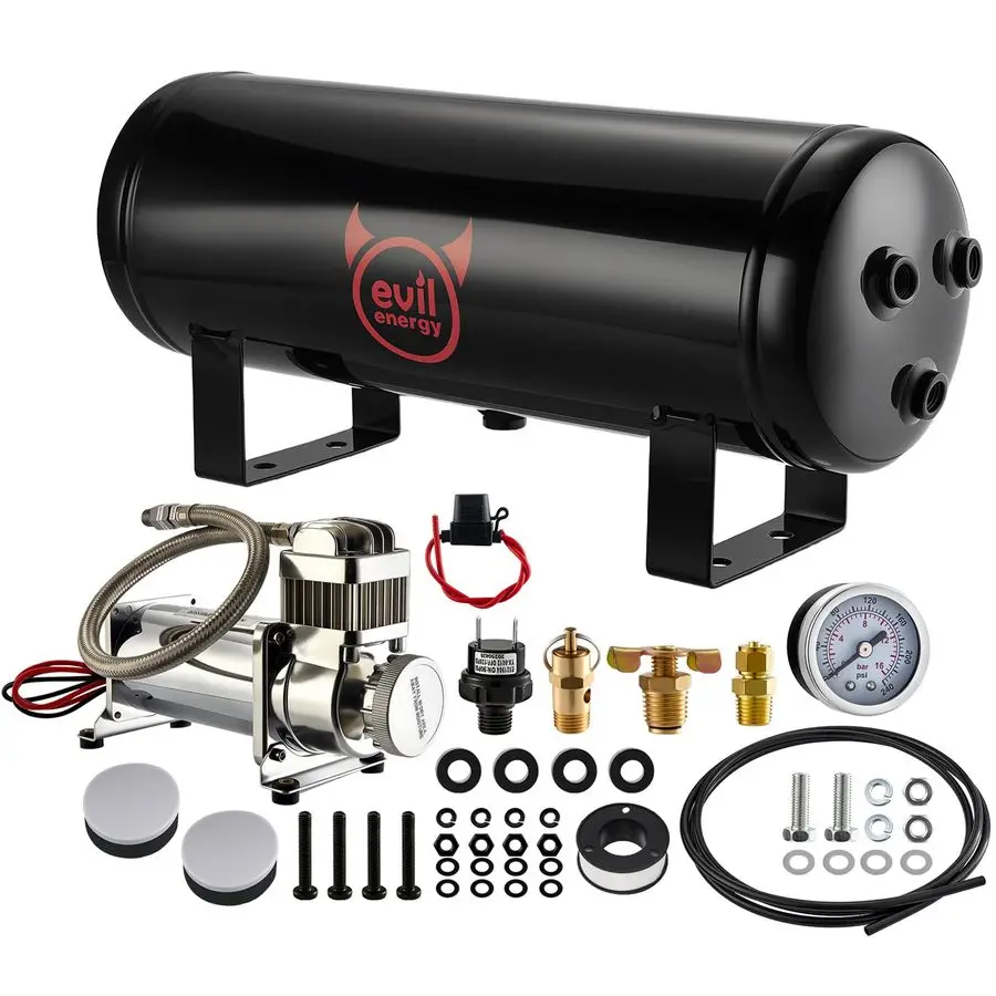 1.5 Gallon Air Compressor and Tank Kit 6 Ports 1 4 NPT 150 PSI Rated 12V Air Tank Compressor for Truck, Air Horn, Inflating Tire
1.5 Gallon Air Compressor and Tank Kit 6 Ports 1 4 NPT 150 PSI Rated 12V Air Tank Compressor for Truck, Air Horn, Inflating Tire