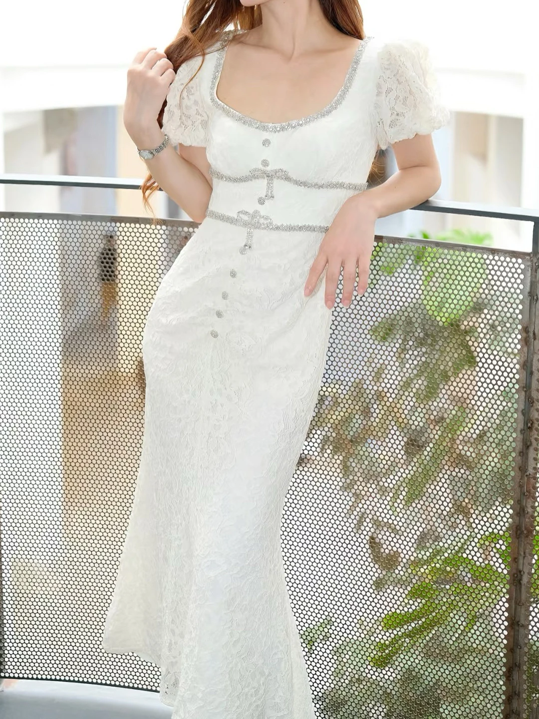 Ivory Knot Decorated Bubble Sleeve round Neck Fish Tail Dress Elegant High Waist Polyester Summer Long Dress
Ivory Knot Decorated Bubble Sleeve round Neck Fish Tail Dress Elegant High Waist Polyester Summer Long Dress
