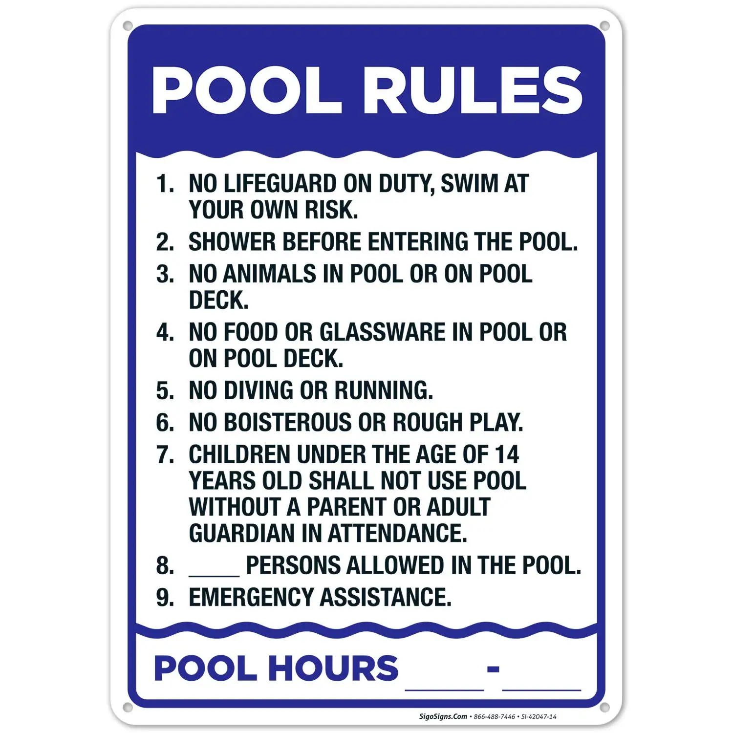 Pool Rules Sign, 10x14 Inches, Rust-Free Aluminum, Fade-Resistant, Made in USA
Pool Rules Sign, 10x14 Inches, Rust-Free Aluminum, Fade-Resistant, Made in USA